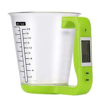Кружка-весы электронная 500гр, 1гр 14*12 см пластиковая, мерная  600мл зеленая батарейка 2032