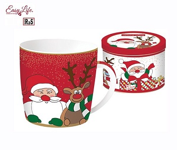 Кружка 350мл. Дед Мороз с оленем красн 2 предмета