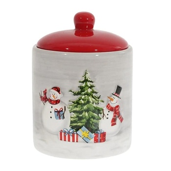 Банка керамическая 12,3*13,8 см Снеговики с елкой