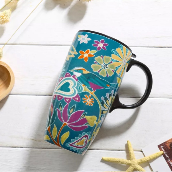 Термокружка 500мл. EVERGREEN голубая, Цветы