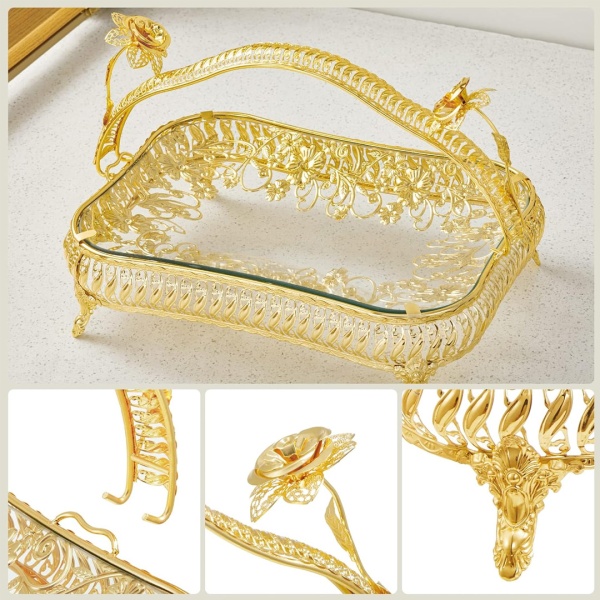 Блюдо для фруктов прямоугольное 25,5*19*21см из стали, стекла, напыление Роза