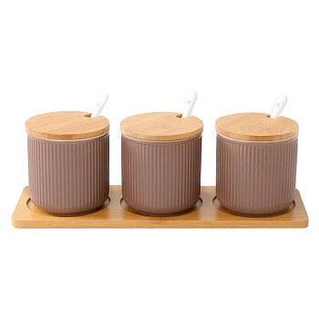 Набор банок для специй 3 штуки с ложками на подставке, коричневый
