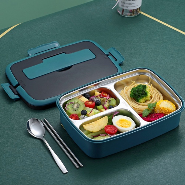 Ланч бокс 3 отделения пластик, сталь зеленый 28*20*6,5см + ложка,вилка,палочки