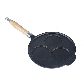 Сковорода чугунная для оладий 23см 3 ячейки, деревянная ручка