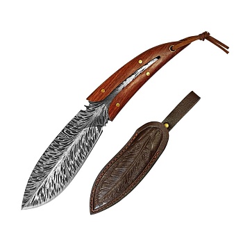 Нож 19,7-9,4 узор перо, кожаный чехол 4Cr13