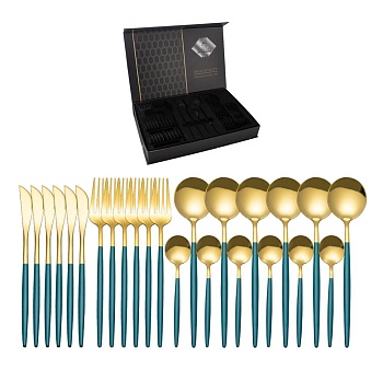 Набор столовых приборов 24 предмета золото зеленая ручка Японский стиль