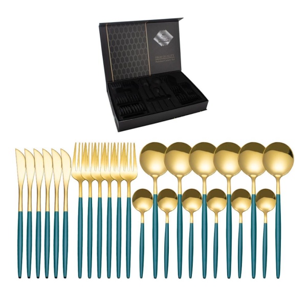 Набор столовых приборов 24 предмета золото зеленая ручка Японский стиль