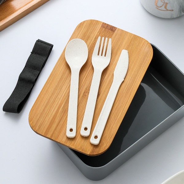 Ланч бокс 1л 29*12см + ложка,вилка,нож серый, деревянная крышка,пшеничная солома