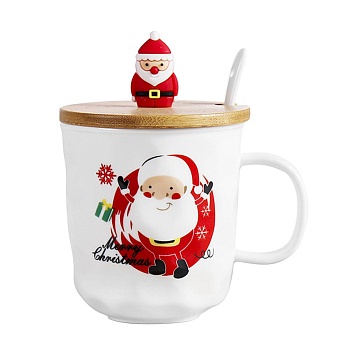 Кружка с крышкой и ложкой Дед Мороз 0,4 л. в подарочной упаковке
