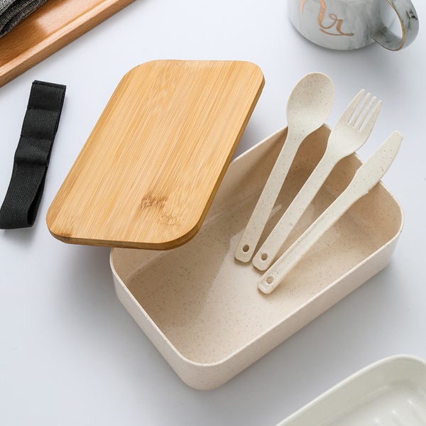 Ланч бокс 1л 19*12*6.6см + ложка,вилка,нож бежевый деревянная крышка пшен солома