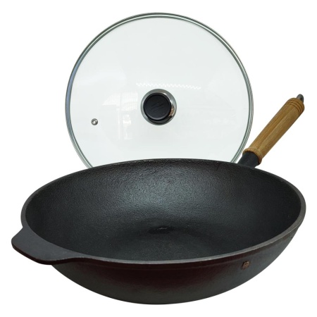 Вок чугунный с крышкой 31см, деревянная ручка 