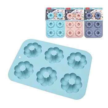 Форма для пончиков цветок силикон, голубая, 6 ячеек 18*26*2,5*7см.